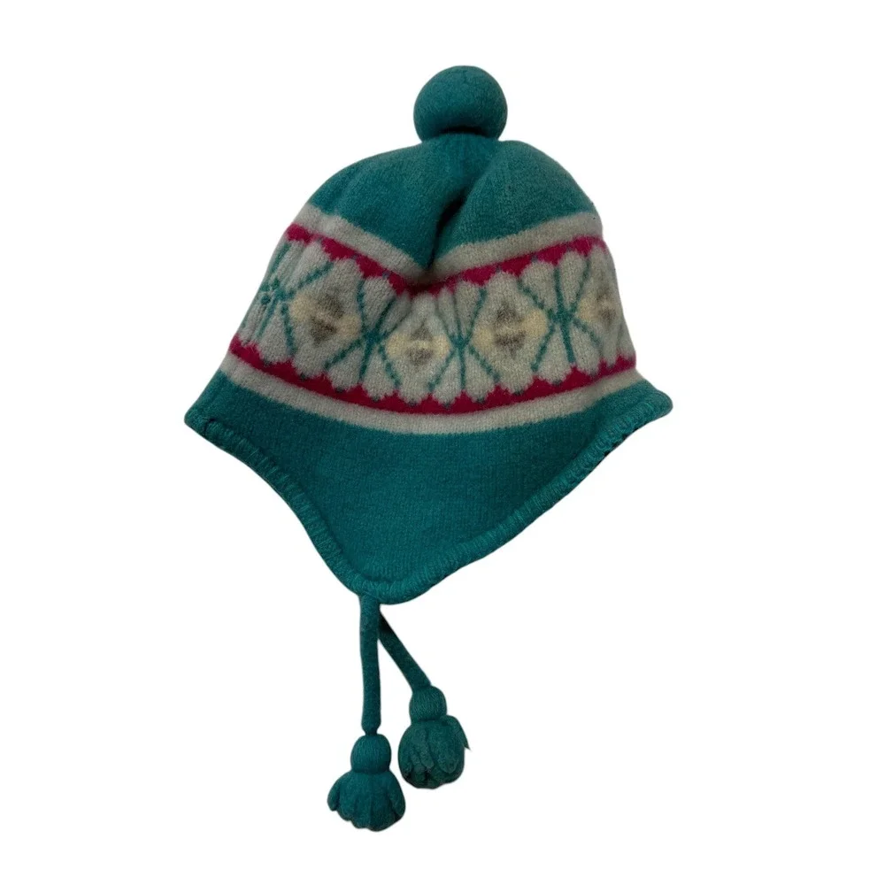 Patagonia Kids Wooly Hat Teal Fair Isle‎ Knit Fleece Lined Earflap Beanie Hat
